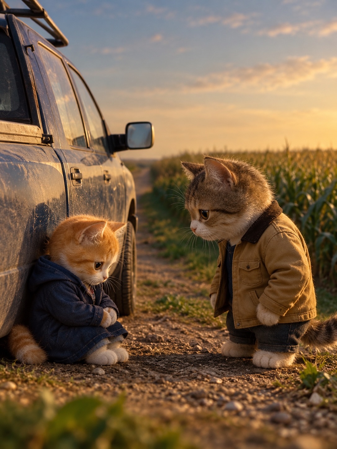 Two kittens in jackets beside a dusty truck on a dirt road at dusk.