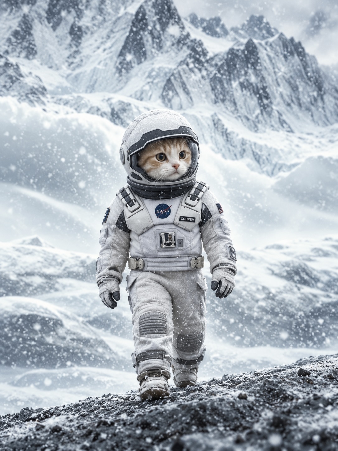 An orange-and-white kitten in a snow-dusted suit, walking a ridge.