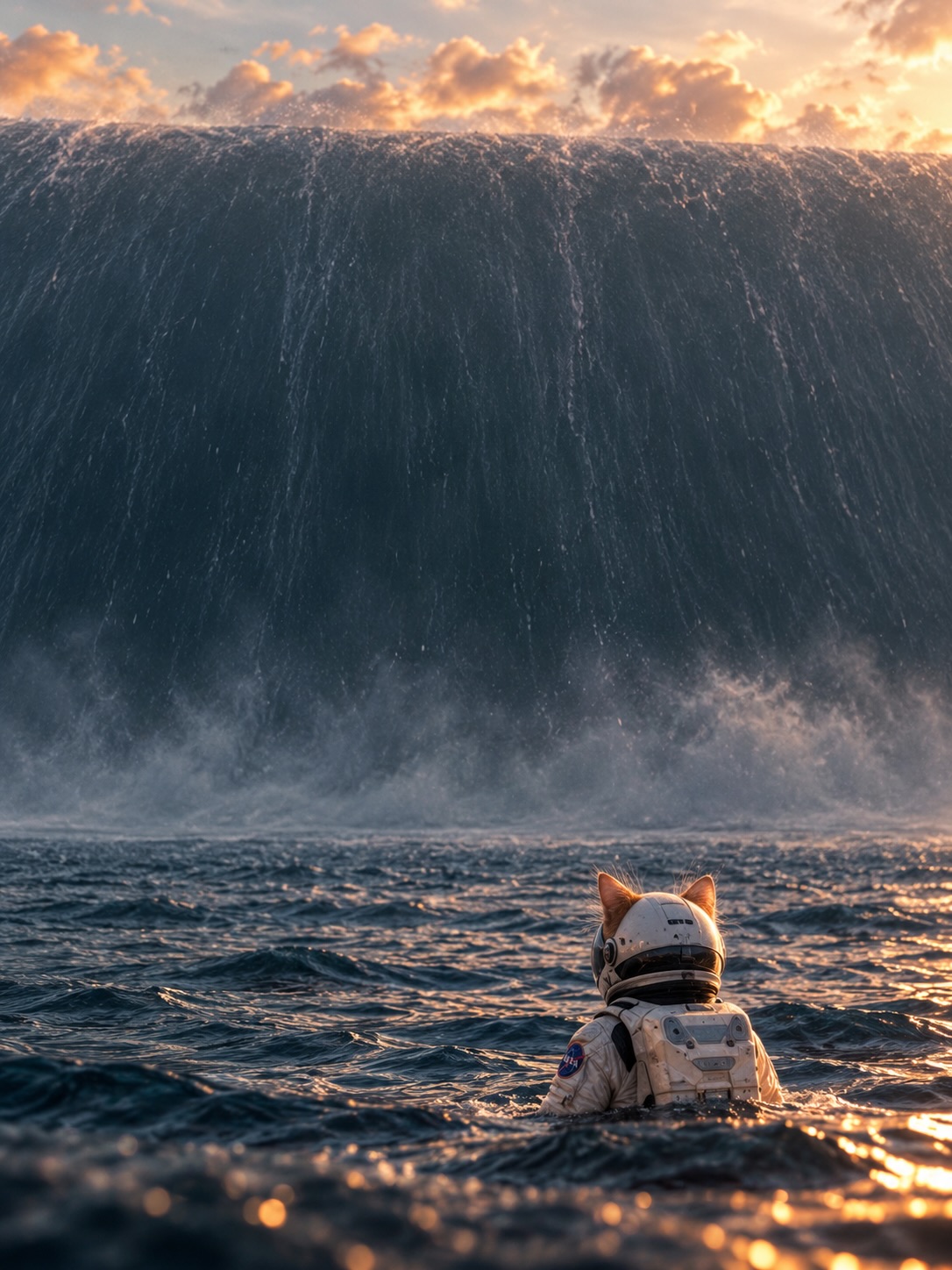 A small suited kitten in the water faces a towering wave under a warm sky.